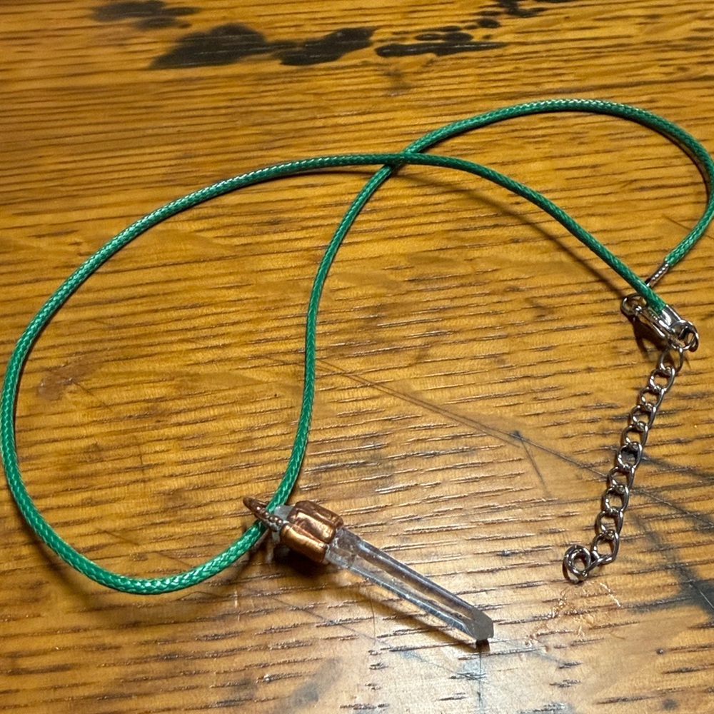 Green Cord Necklace with Clear Crystal Pendant